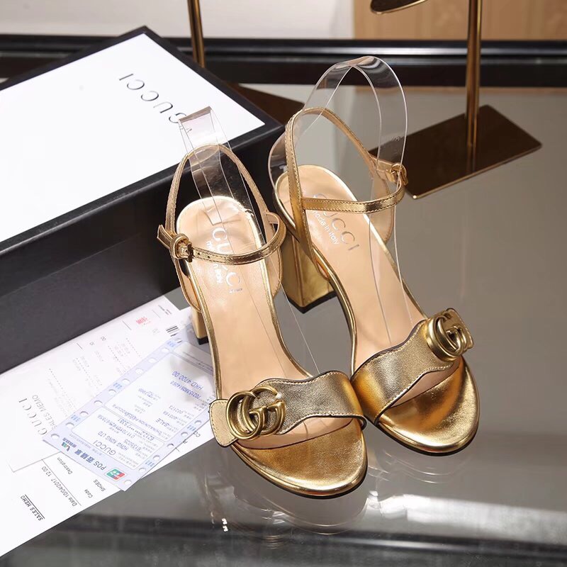 Gucci Gold Metallic Laminate Leather Mid Heel Sandal 453379