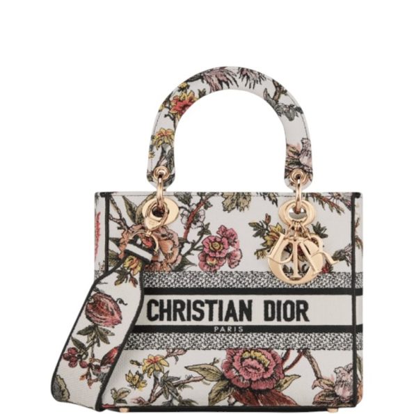 DIOR MEDIUM LADY D-LITE BAG WHITE JARDIN BOTANIQUE EMBROIDERY 24CM