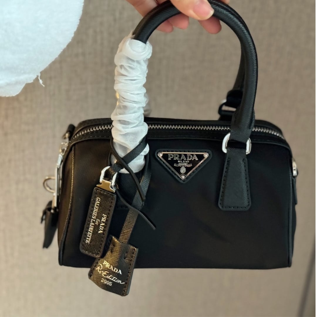 Prada Bauletto Recycled Nylon Shoulder Bag Black 21Cm