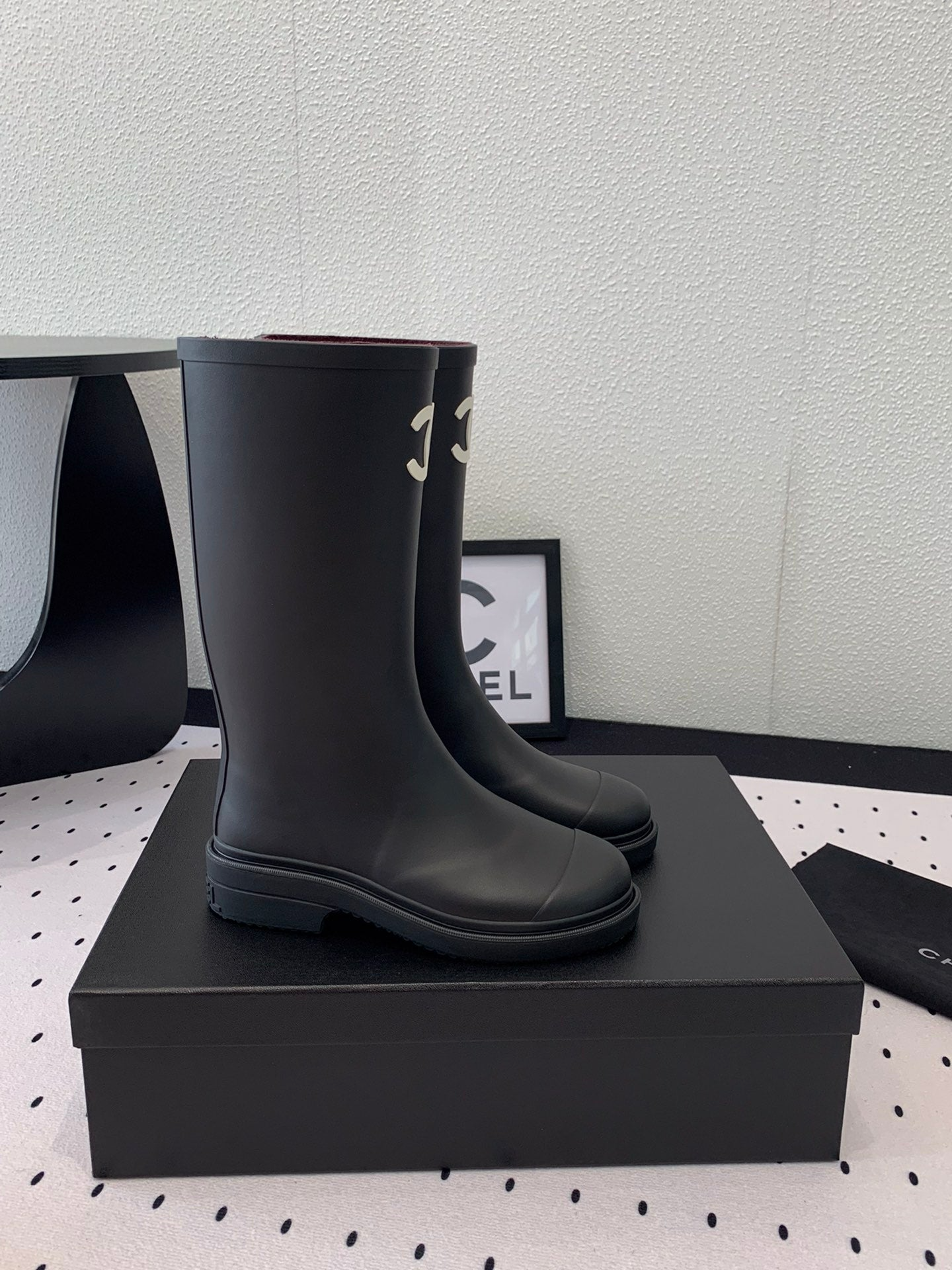 Chanel CC Logo Rain Boots Black Rubber Heel 47cm