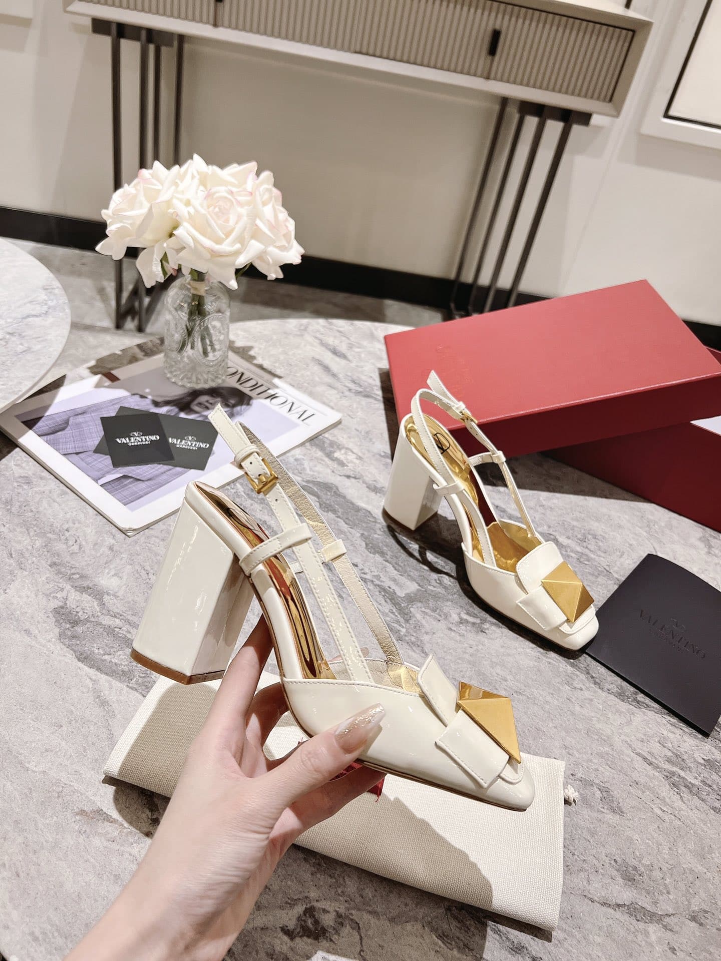 Valentino Garavani One Stud Patent Leather Slingback Pump White