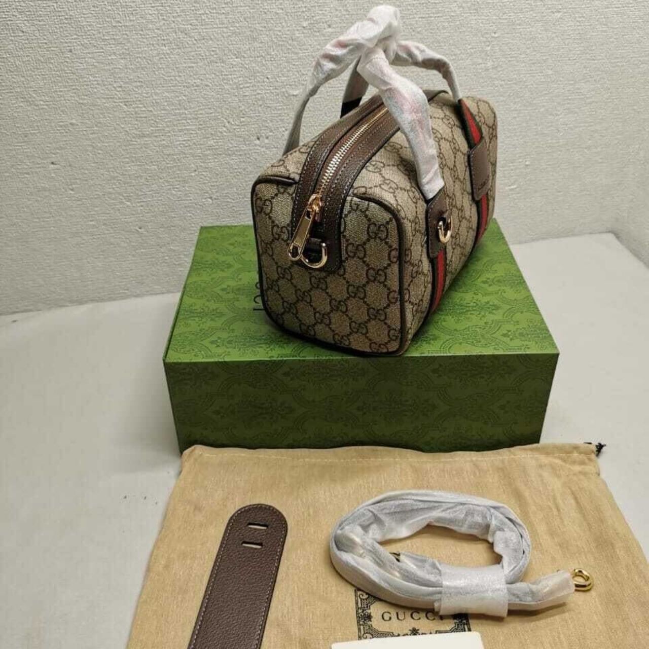 Gucci Mini Gg Duffle Bag Beige And Dark Brown 20cm 859975 Fachl 8844
