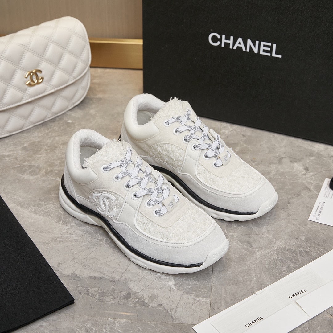 Chanel Velour Tweed Cc Sneaker White