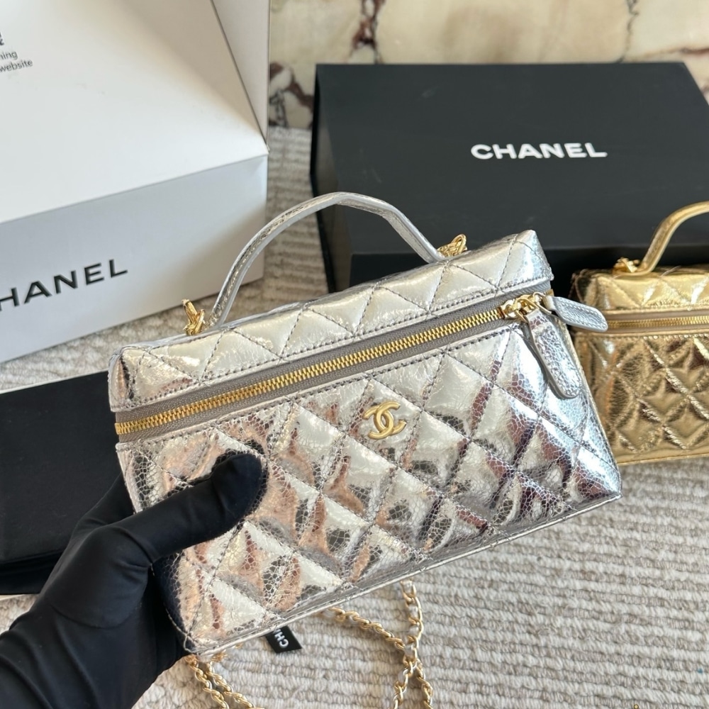 Chanel Vanity Case With Chain Metallic Silver 20Cm