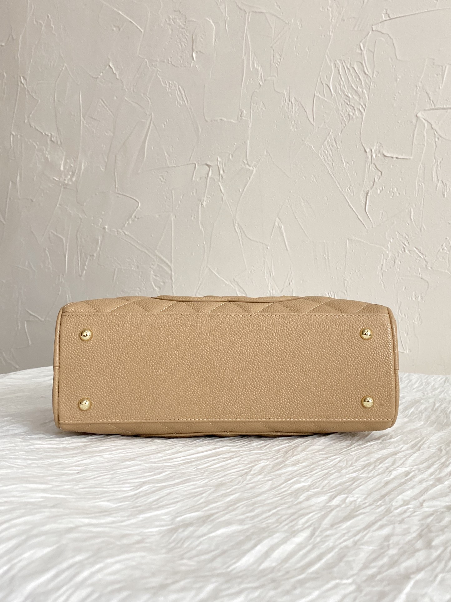 Vintage 2003-2004 CC Quilted Caviar Bowling Bag in Beige with Gold Hardware