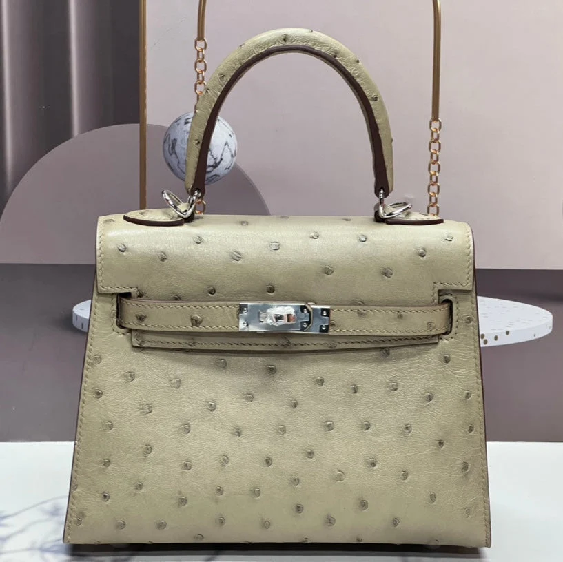KELLY BAG 20 IN KHAKI TAN OSTRICH LEATHER WITH SILVER HARDWARE (MADE - TO - ODER)