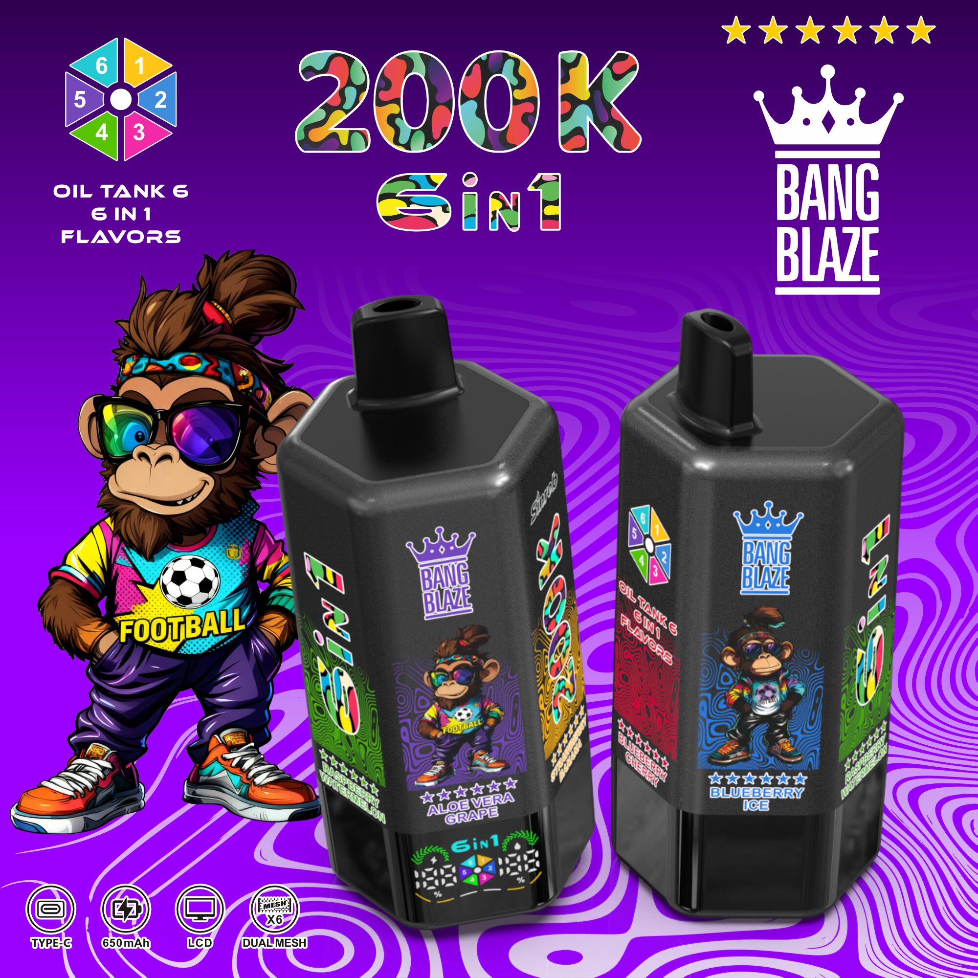 【New Arrive】Bang Blaze 200K Puffs 6 in 1 Flavors &  6 oil tanks Rechargeable LCD Display Disposable Vape