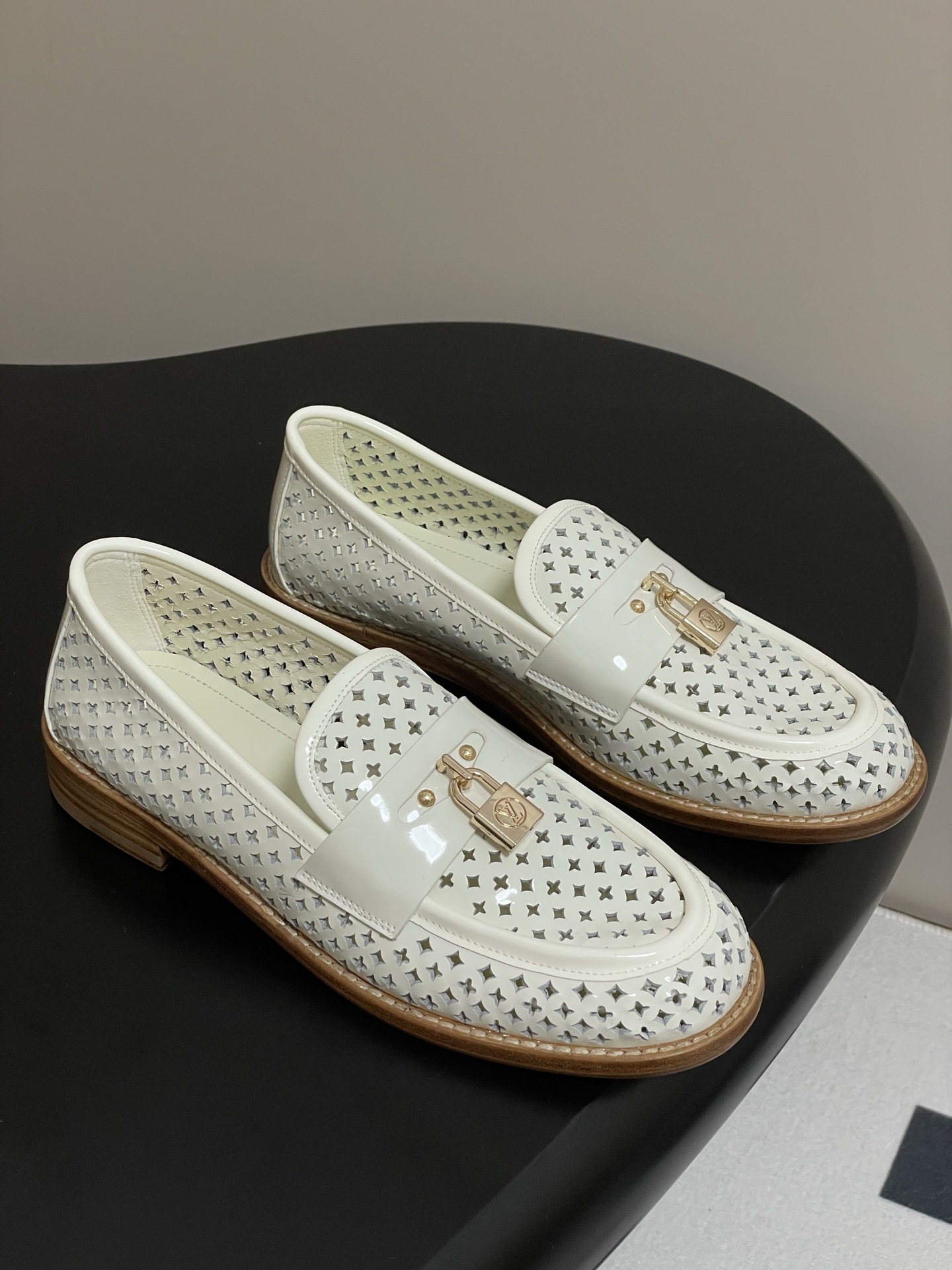 Louis Vuitton Chess Flat Loafer White Monogram Embroidered with Gold Padlock 1AGXRV