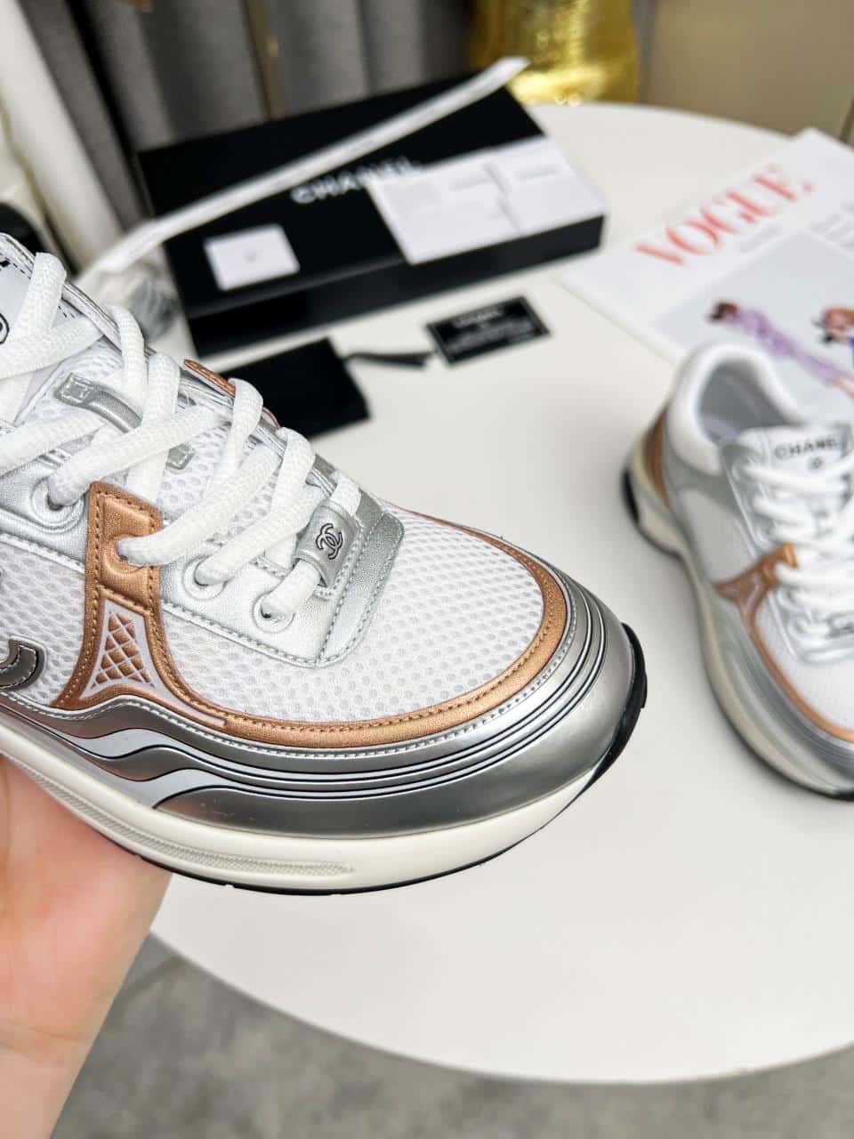 Chanel 23C Silver Metallic Cc Logo Lace Up Flat Runner Trainer Sneaker White Yellow