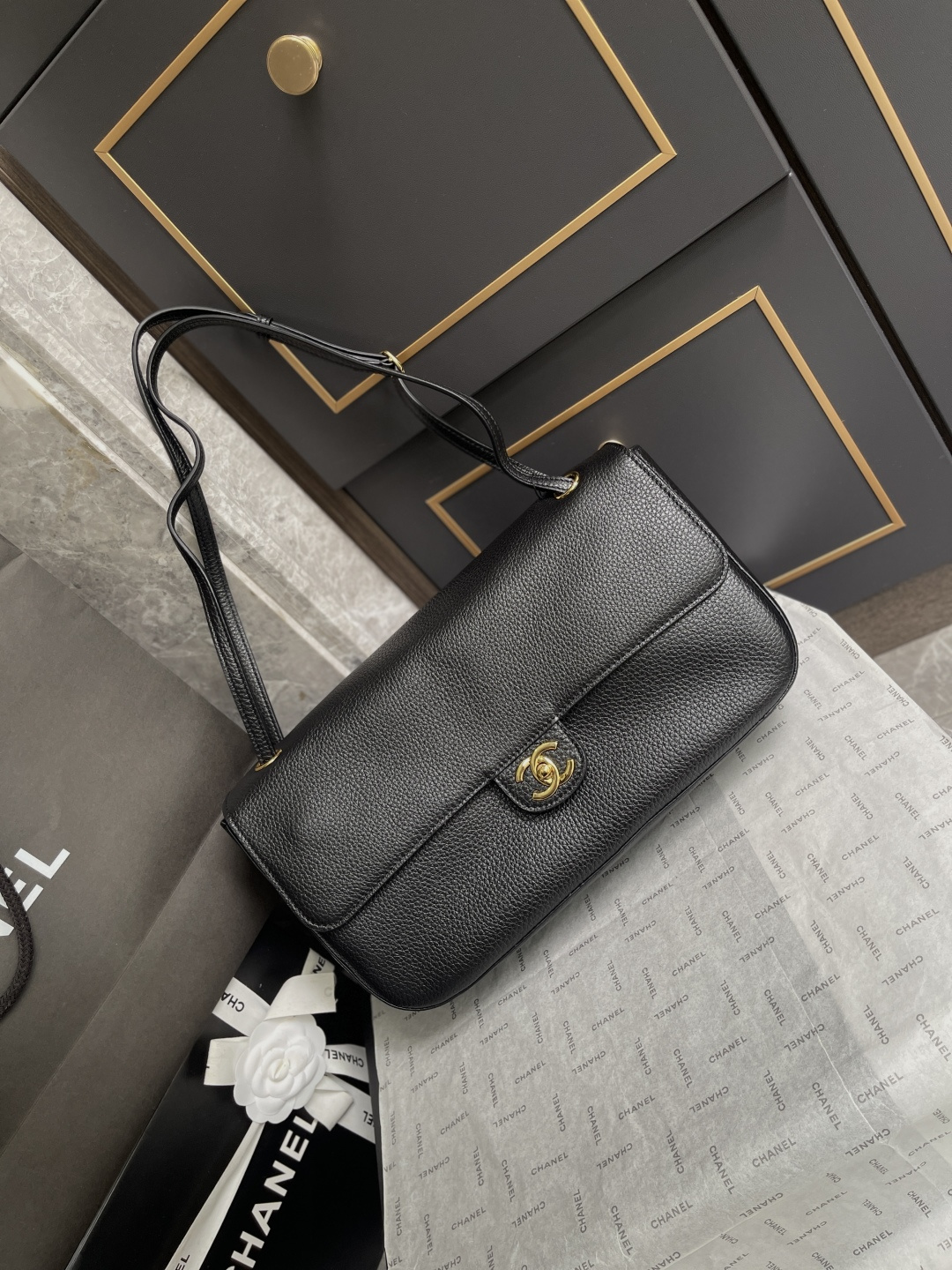 Spring-Summer 2026 Black Grained Caviar Calfskin Flap Tote with Gold-Tone CC Turnlock