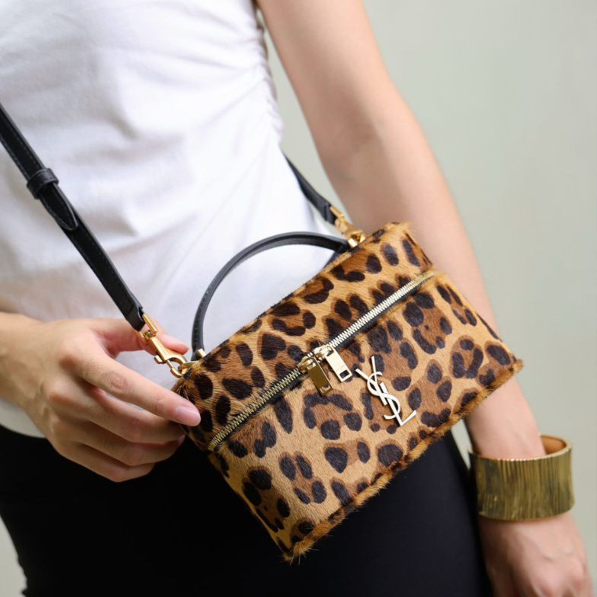 Saint Laurent Leopard Haircalf Vanity Bag with YSL Monogram 18cm