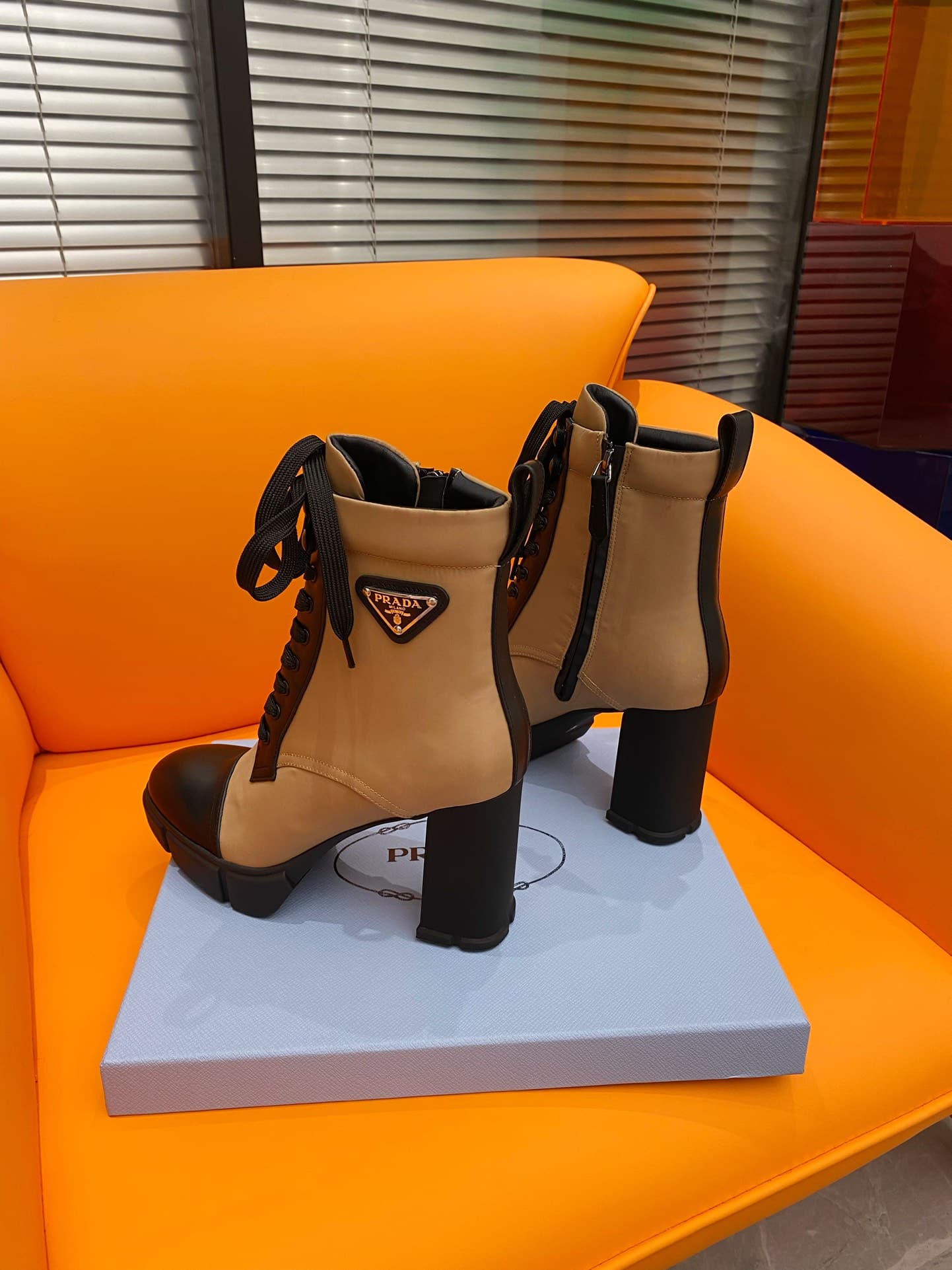 Prada Logo Plaque Ankle Boots Brown