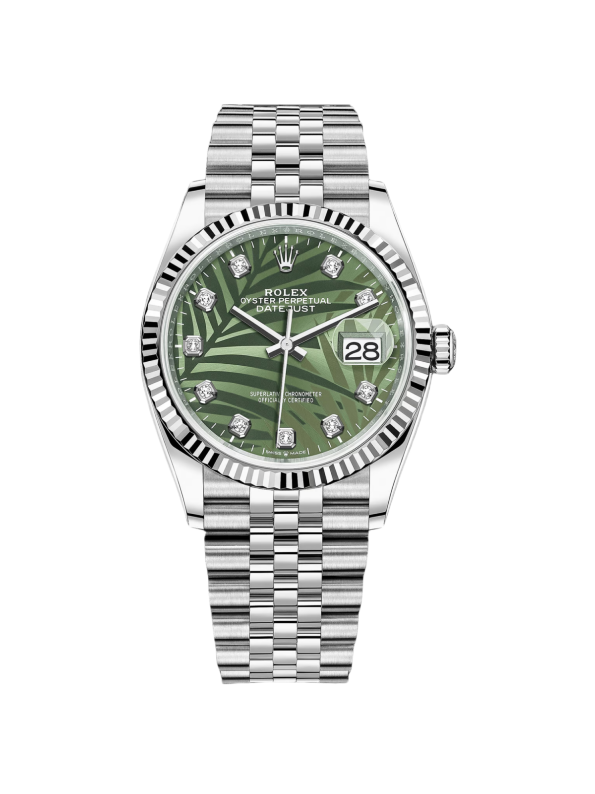 【Super Clone】RLX  Datejust 36mm 126234-0055 Olive Green Palm Motif Diamond Dial Jubilee Stainless Steel Watch