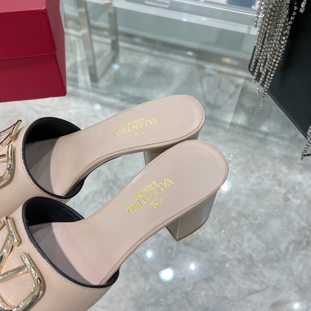 Valentino VLogo Signature Square-Toe Mid-Heel Slide Sandals – Silver & Poudre