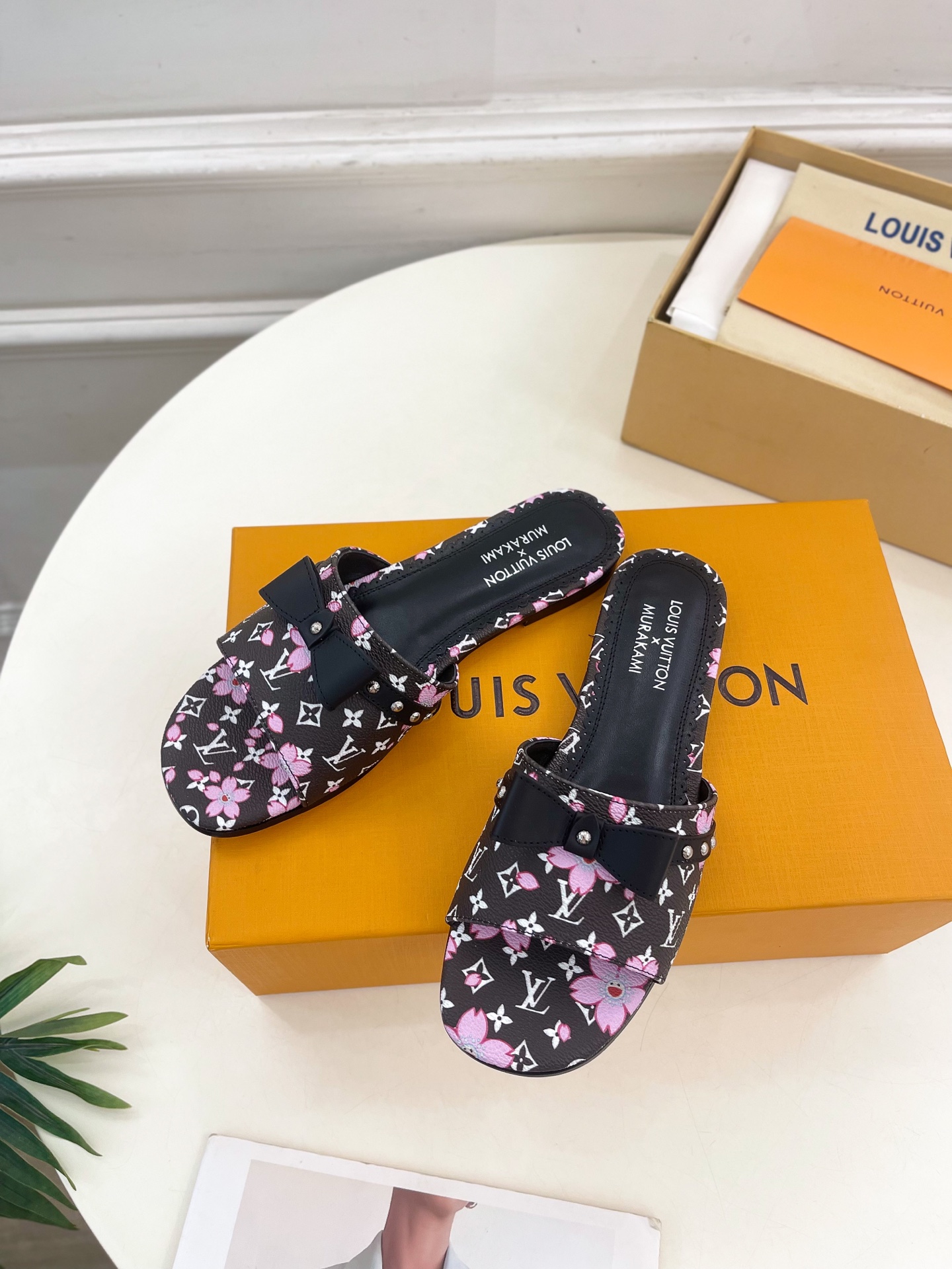 Louis Vuitton x Takashi Murakami Cherry Blossom Flat Slide Black Monogram with Bow