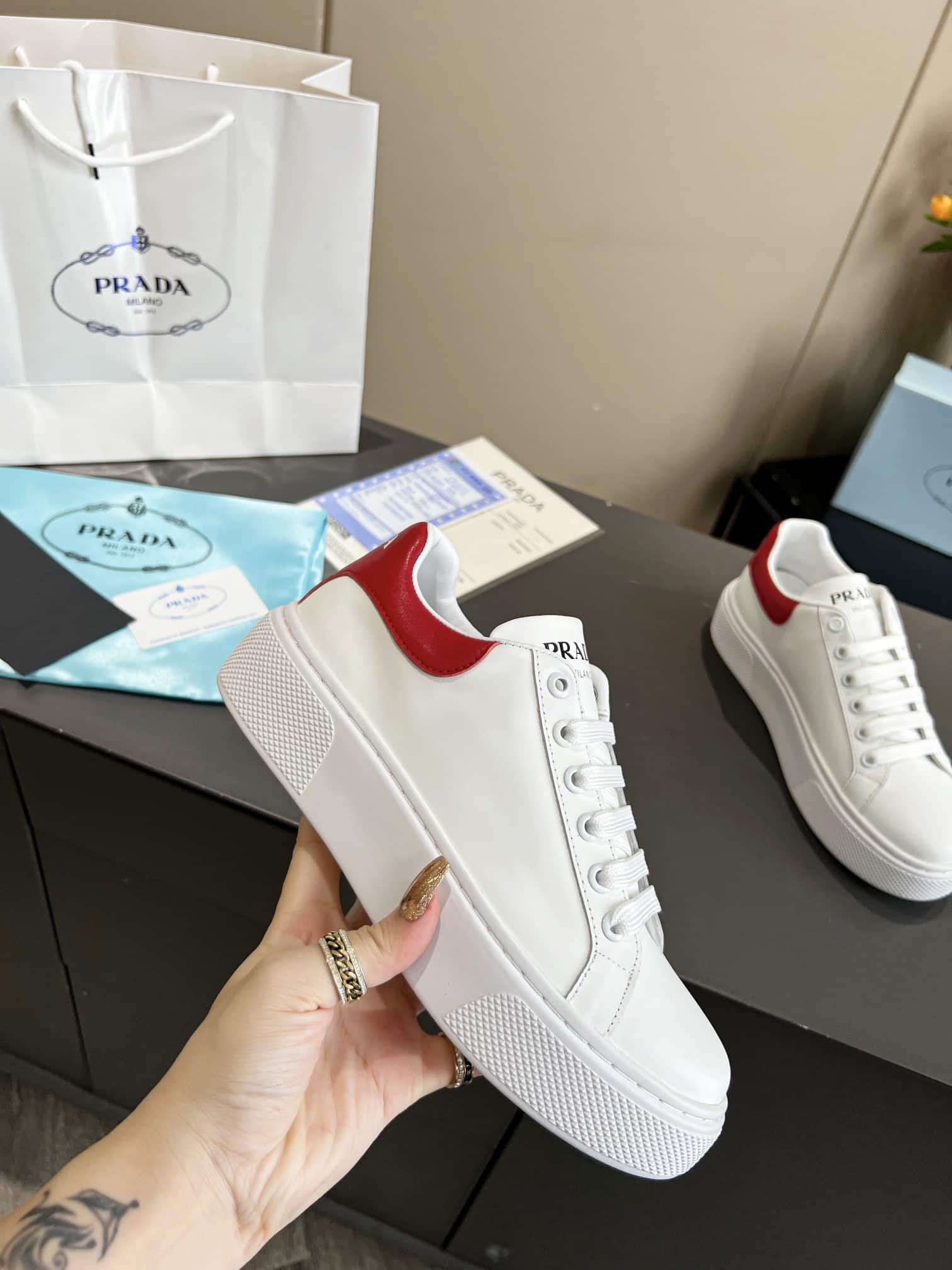 Prada Sneakers In White Leather With Red Logo
