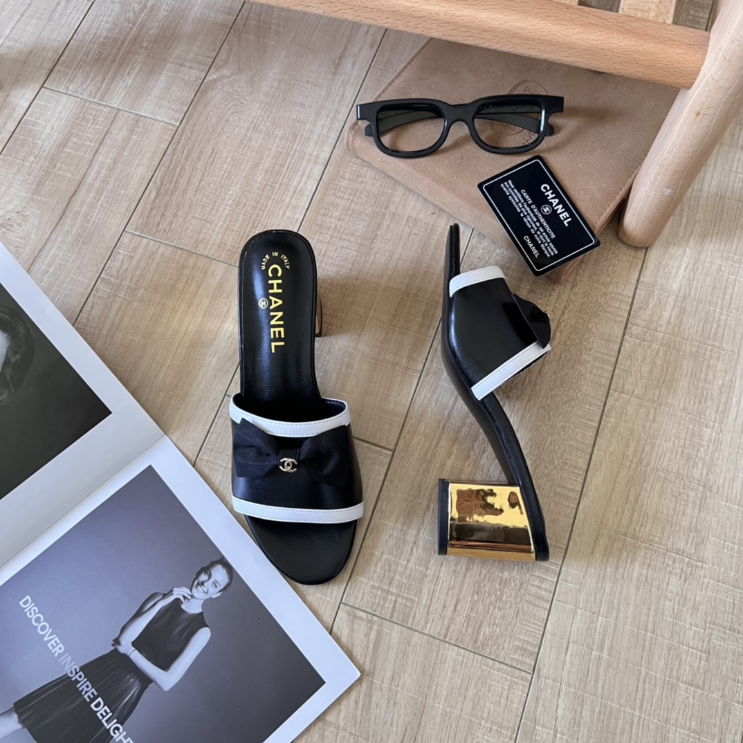 Chanel Grosgrain Ribbon Bow Mule Leather Gold Black