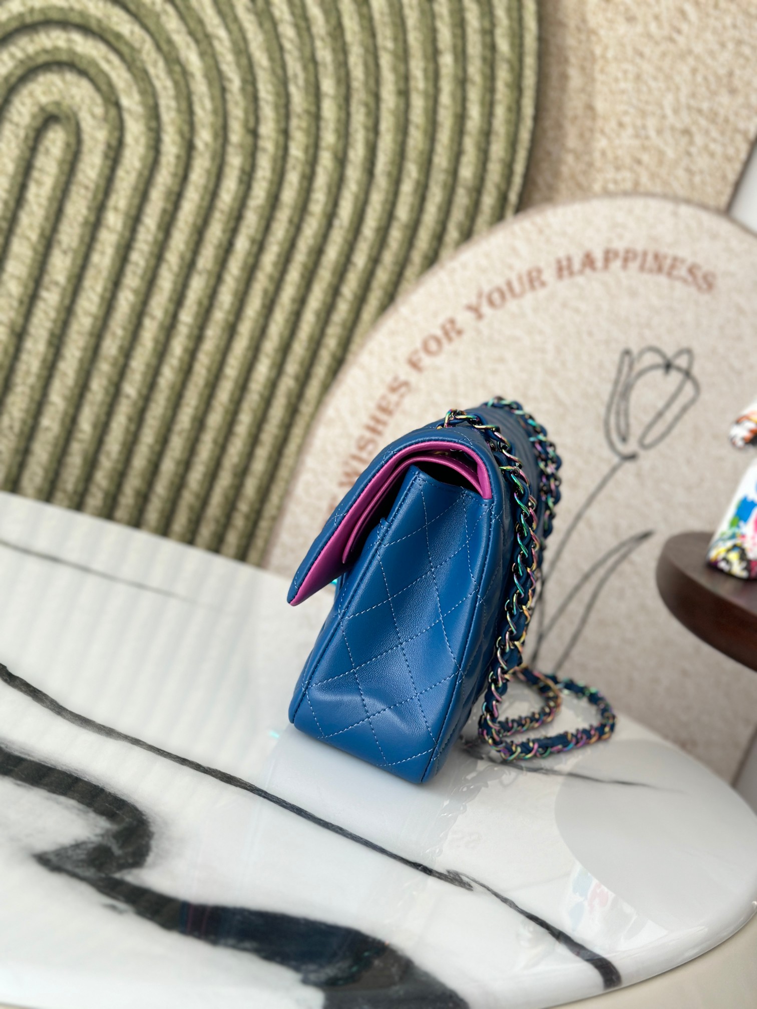 Classic Flap Medium Bag in Electric Blue Lambskin with Iridescent Rainbow Hardware (Model A01112)
