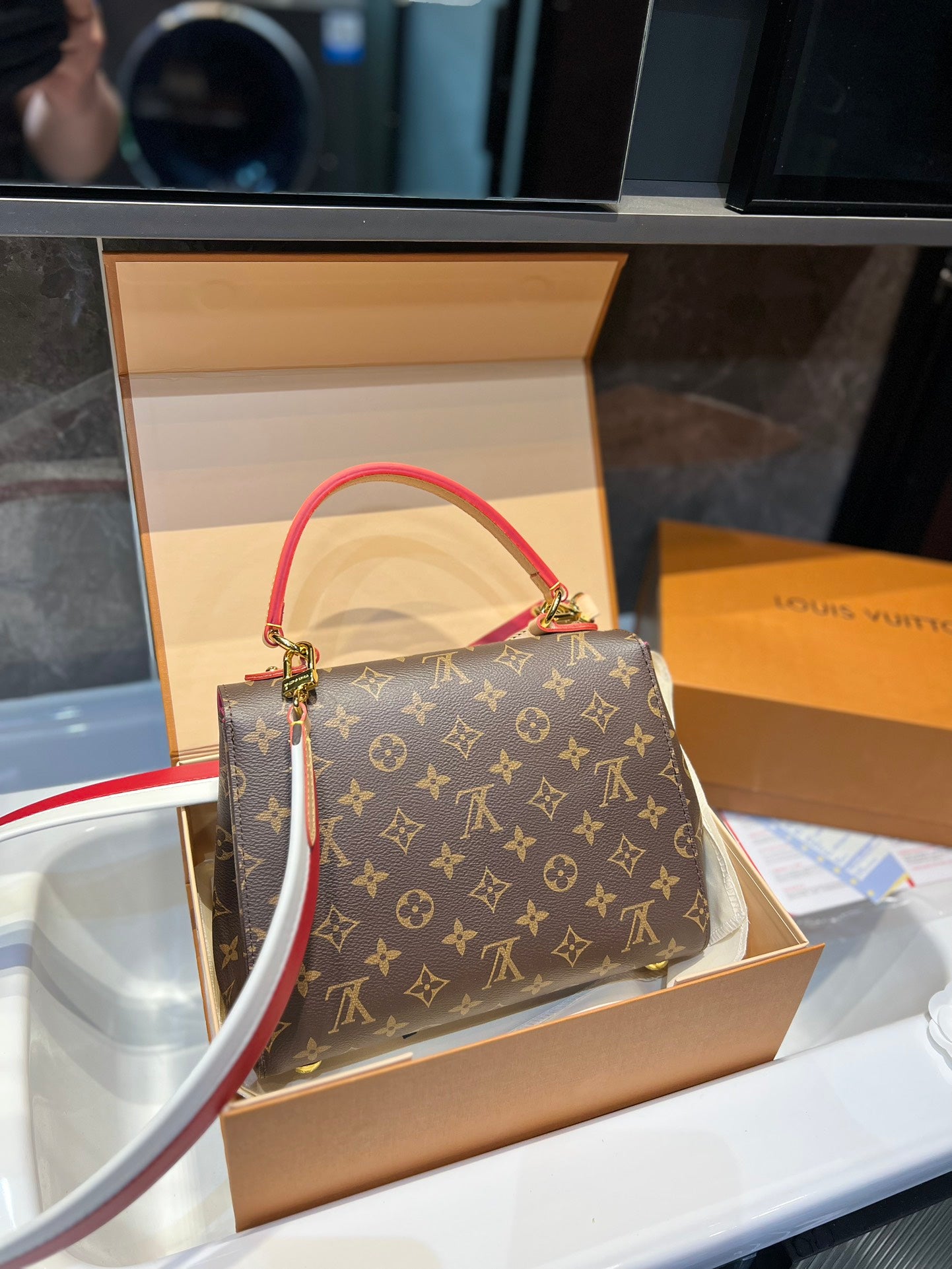 Louis Vuitton Cluny Brown Beige And Red Strap 25Cm