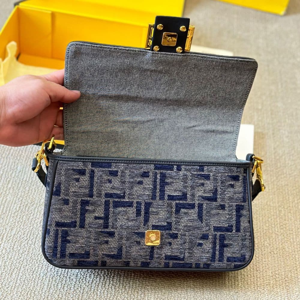 Fendi Baguette Ff Chenille Bag Dark Blue 27Cm