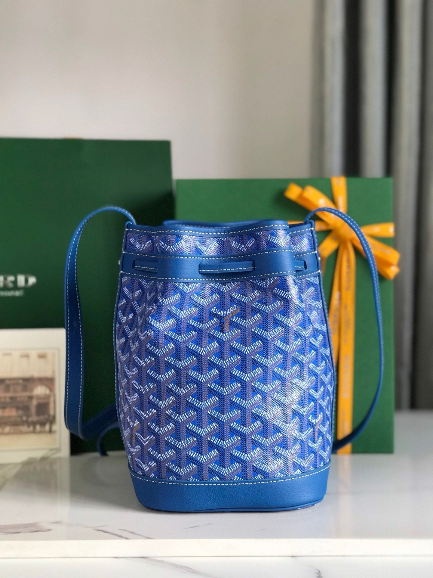 Goyard Petit Flot Bucket Bag 22 Cm Sapphire Blue Goyardine Canvas And Lambskin Trim