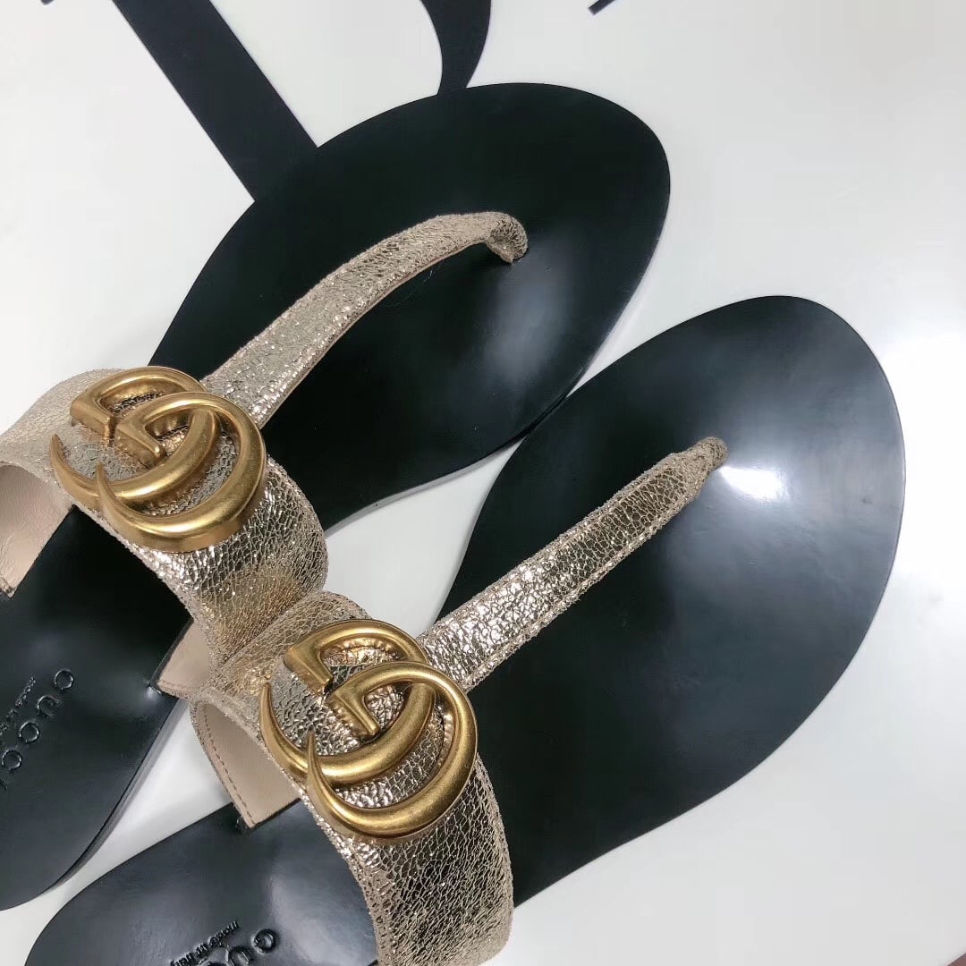 Gucci Double G Thong Leather Metallic Gold ?497444 0B7N0 7100