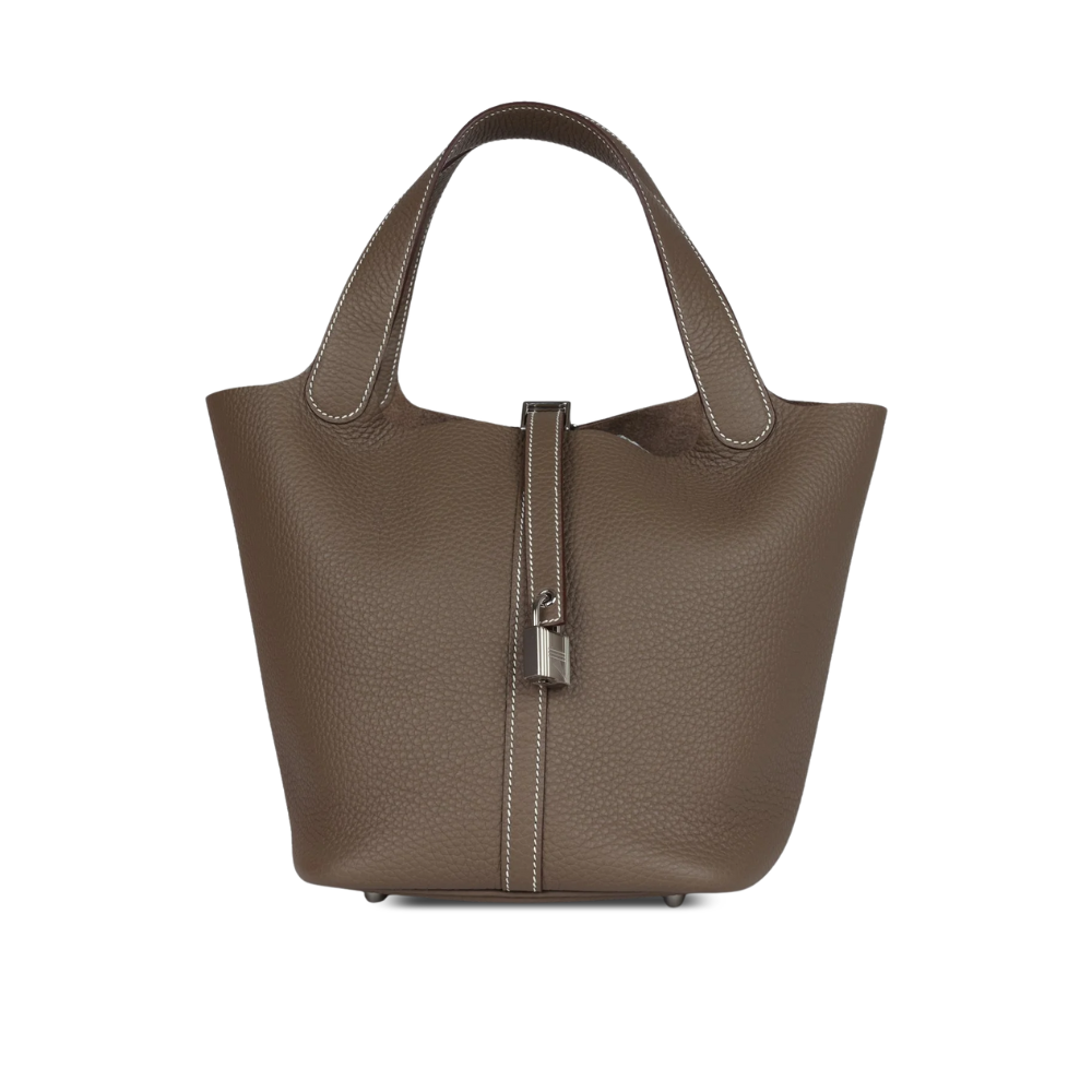 Hermes Picotin Lock Bag In Taurillon Clemence Etoupe Grey 22Cm