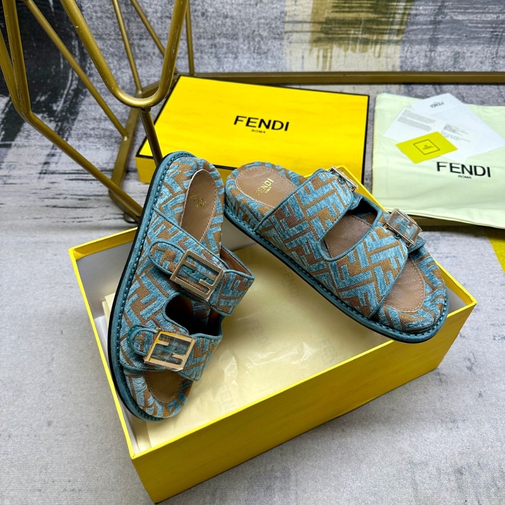 Fendi Feel Ff Jacquard Velvet Slides Light Blue 8X8326Aotmf1R88