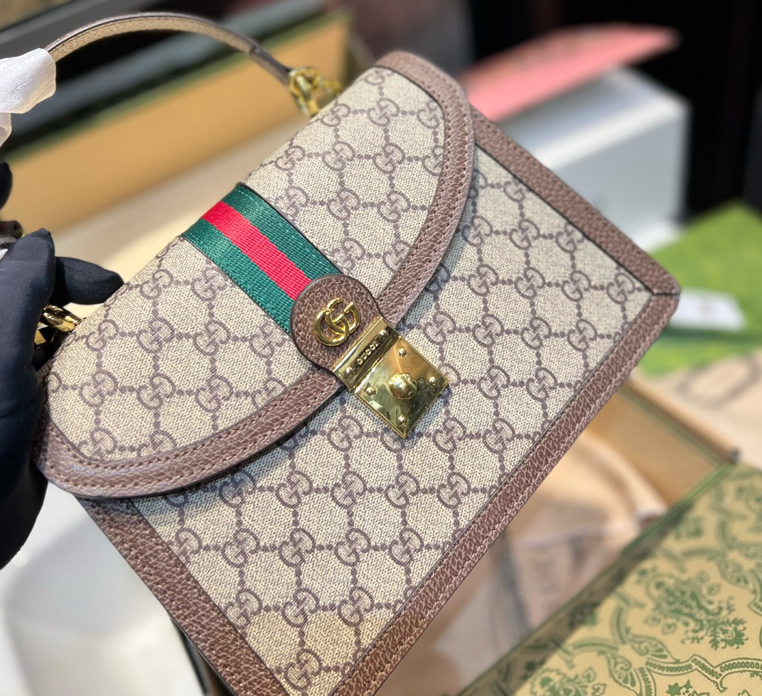 GUCCI OPHIDIA MEDIUM TOP HANDLE BAG GG SUPREME BEIGE AND EBONY 25CM 651055 96IWX 8745