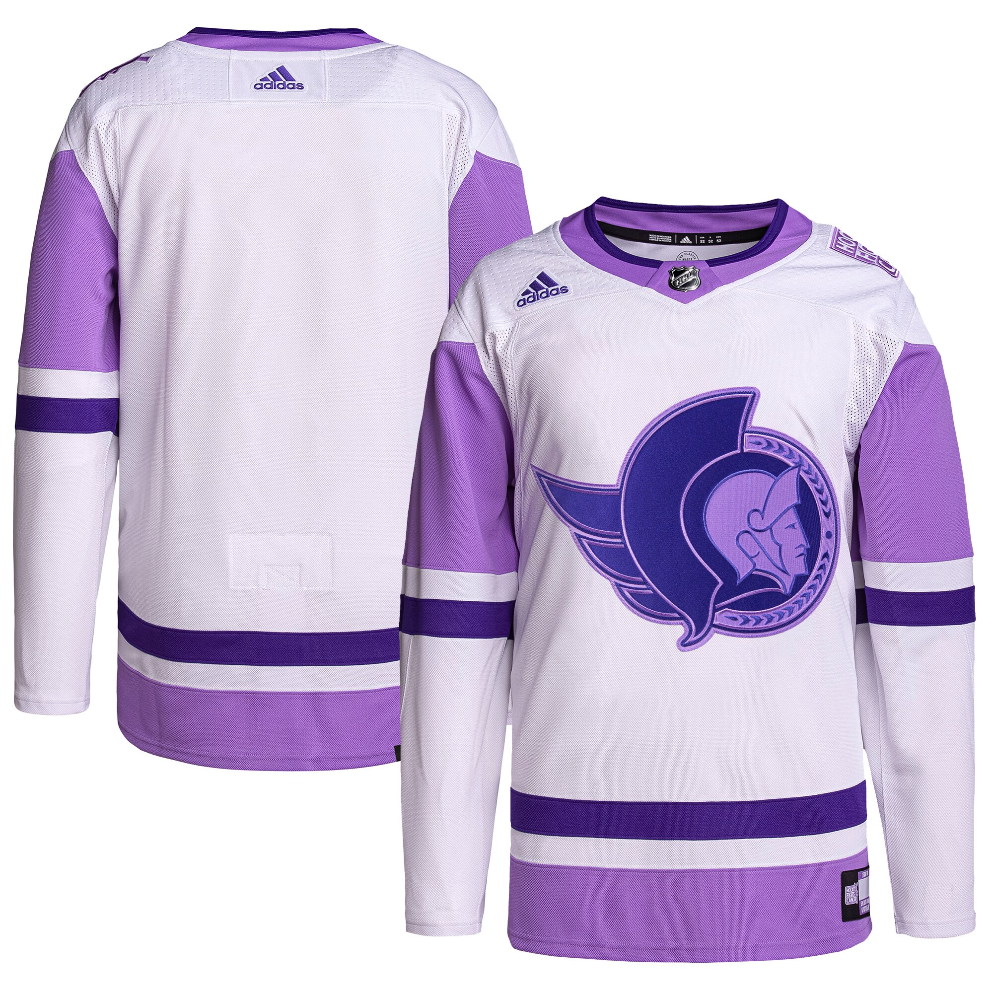 Ottawa Senators adidas Hockey Fights Cancer Primegreen Authentic Blank Practice Jersey – White/Purple