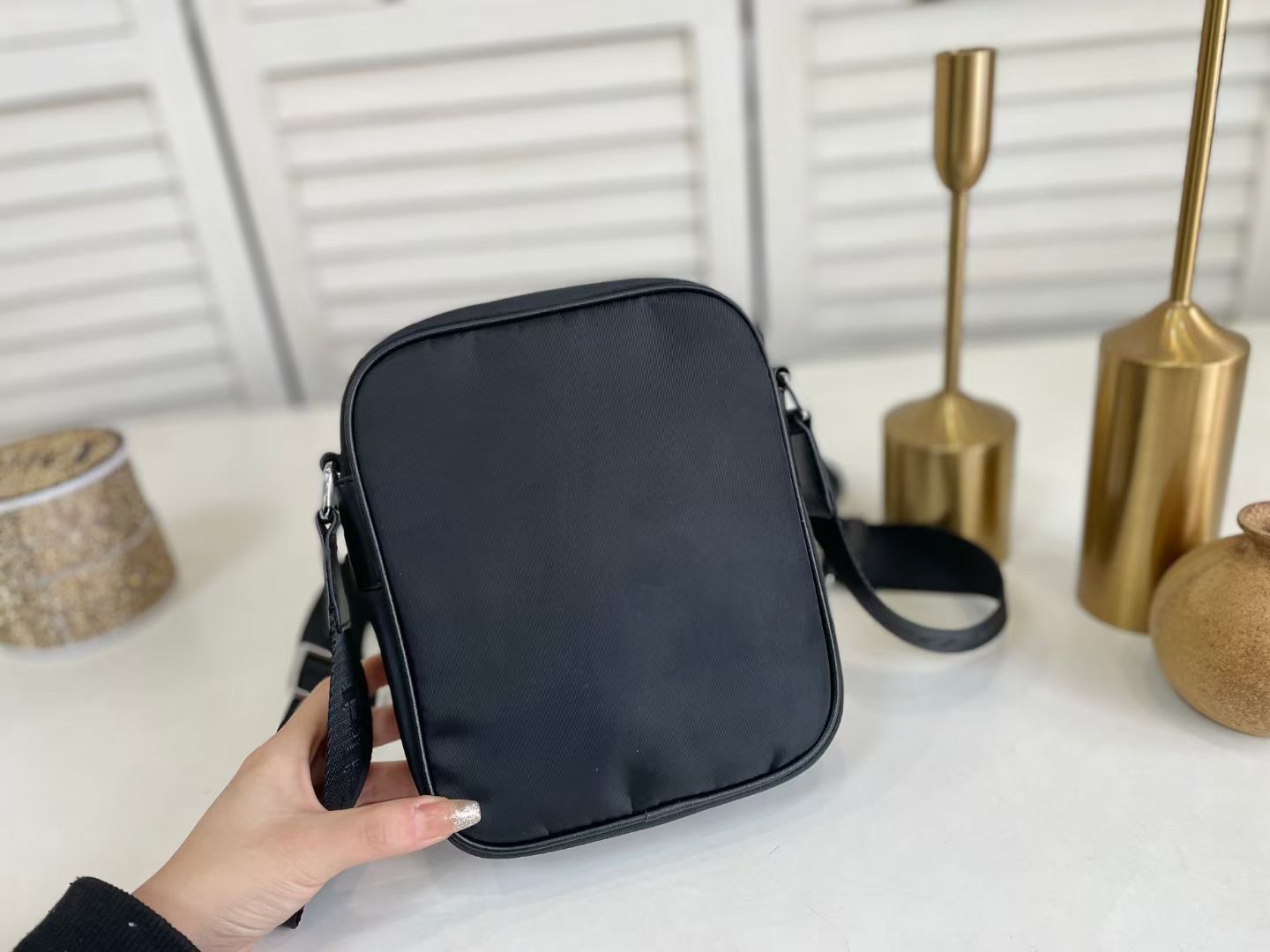 Prada Re Nylon Saffiano Logo Leather Bag Black 21Cm