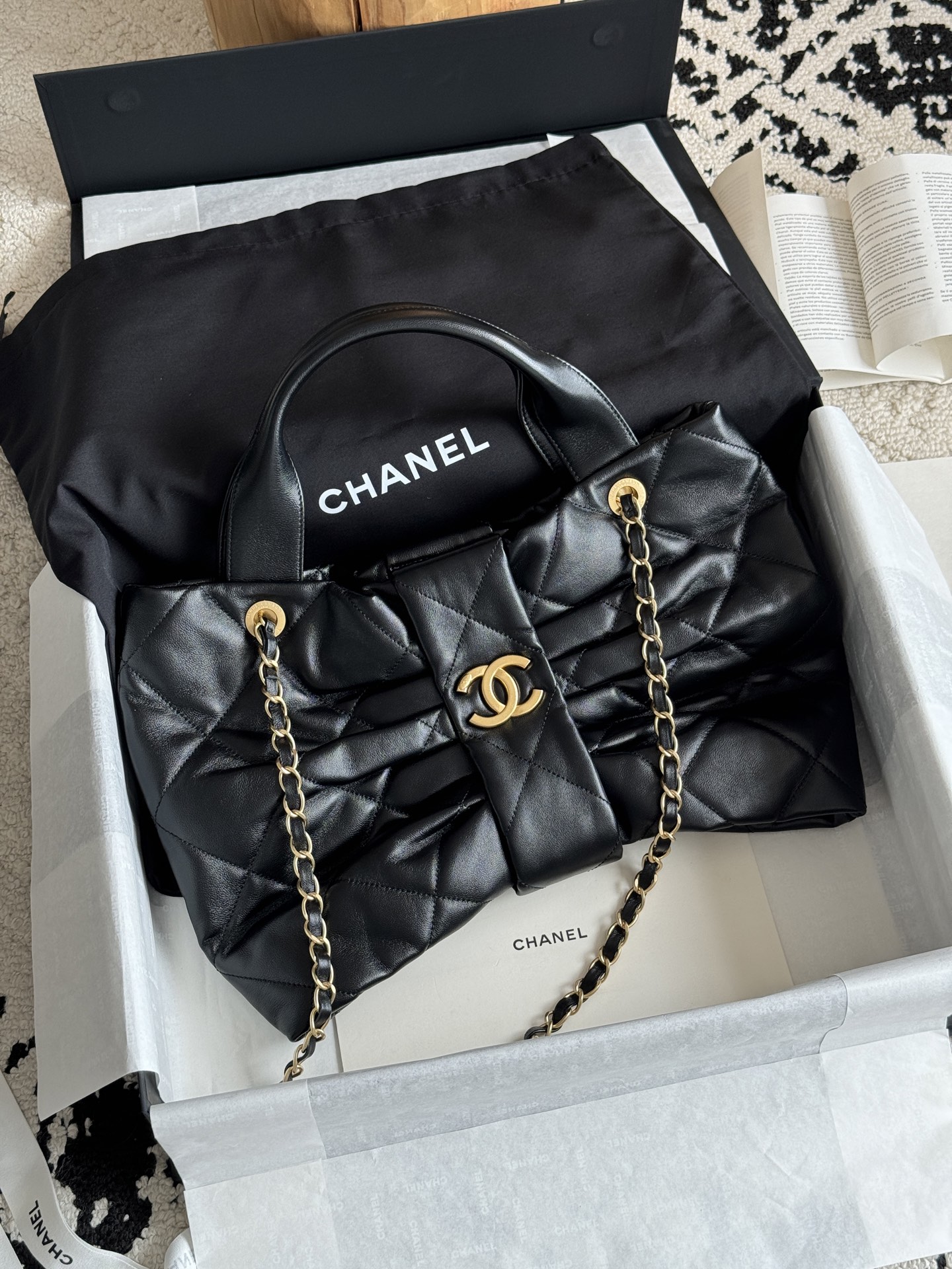 25K Black Quilted Lambskin Bow Top Handle Bag with Chain Strap
