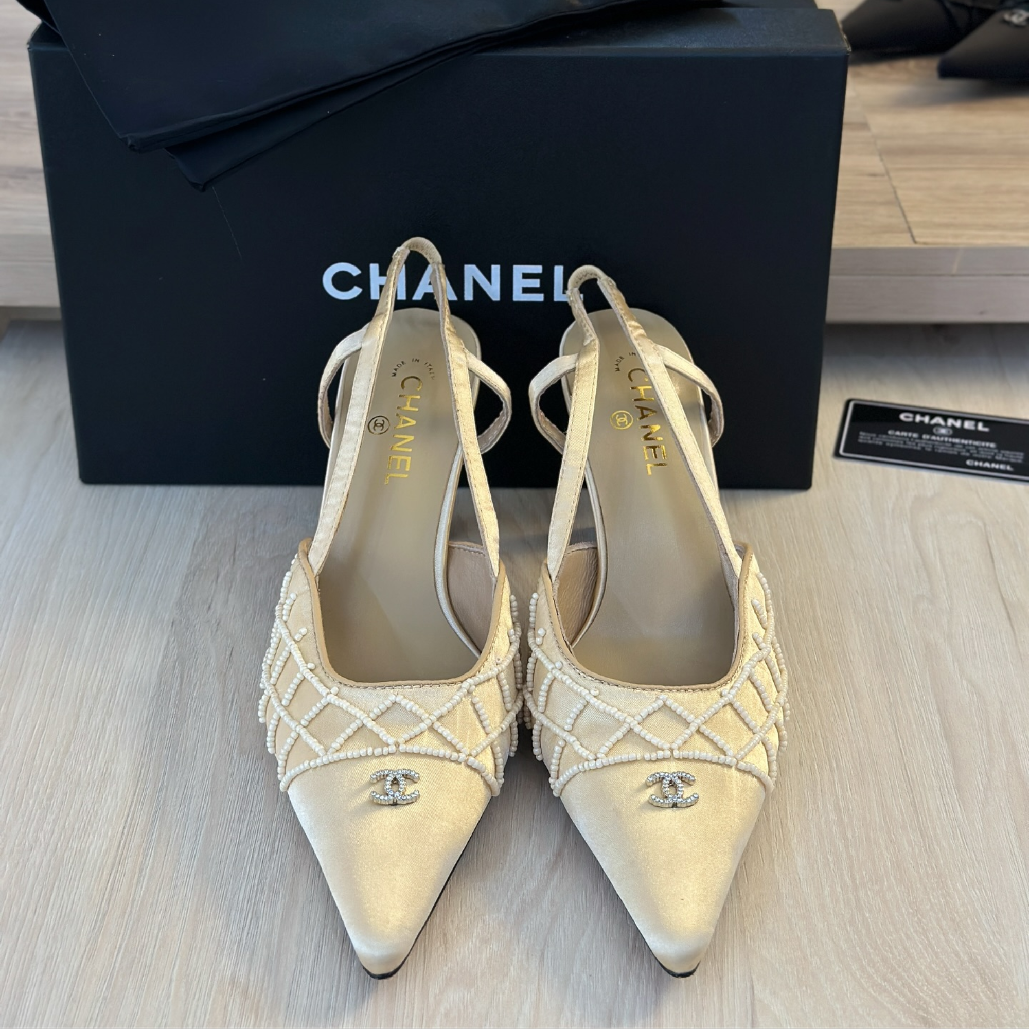 Chanel Pearl Lattice Slingback Heels