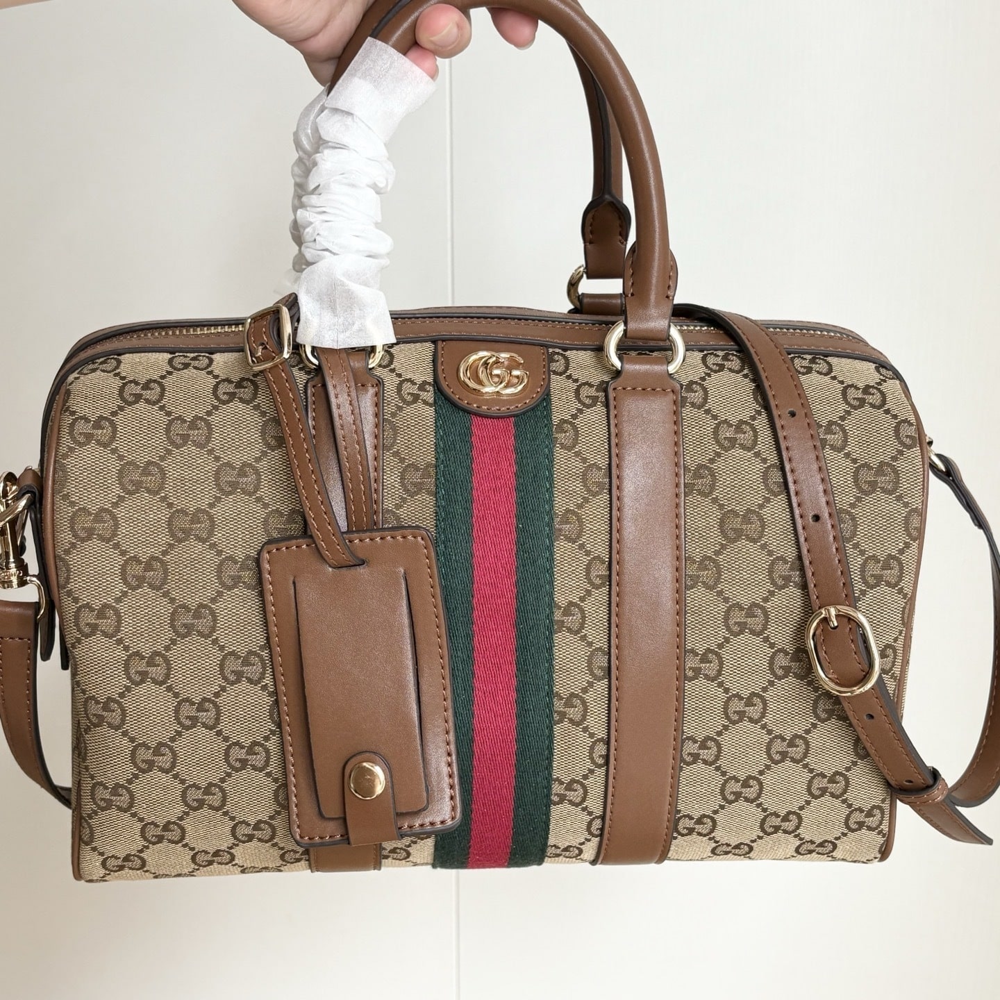 Gucci Ophidia Medium Boston Bag Beige And Brown GG Canvas 30Cm ‎857595 FAFUF 9870
