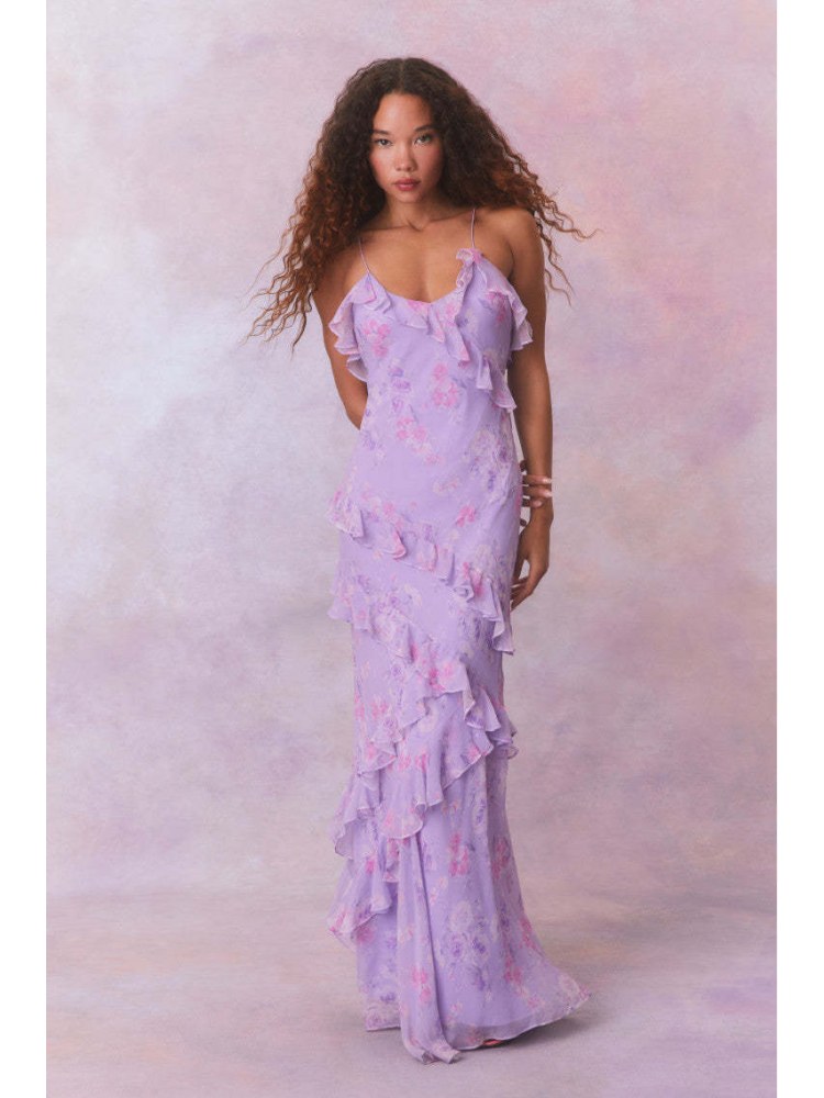 Disty Floral Rippled Edge Sleeveless Maxi Dress