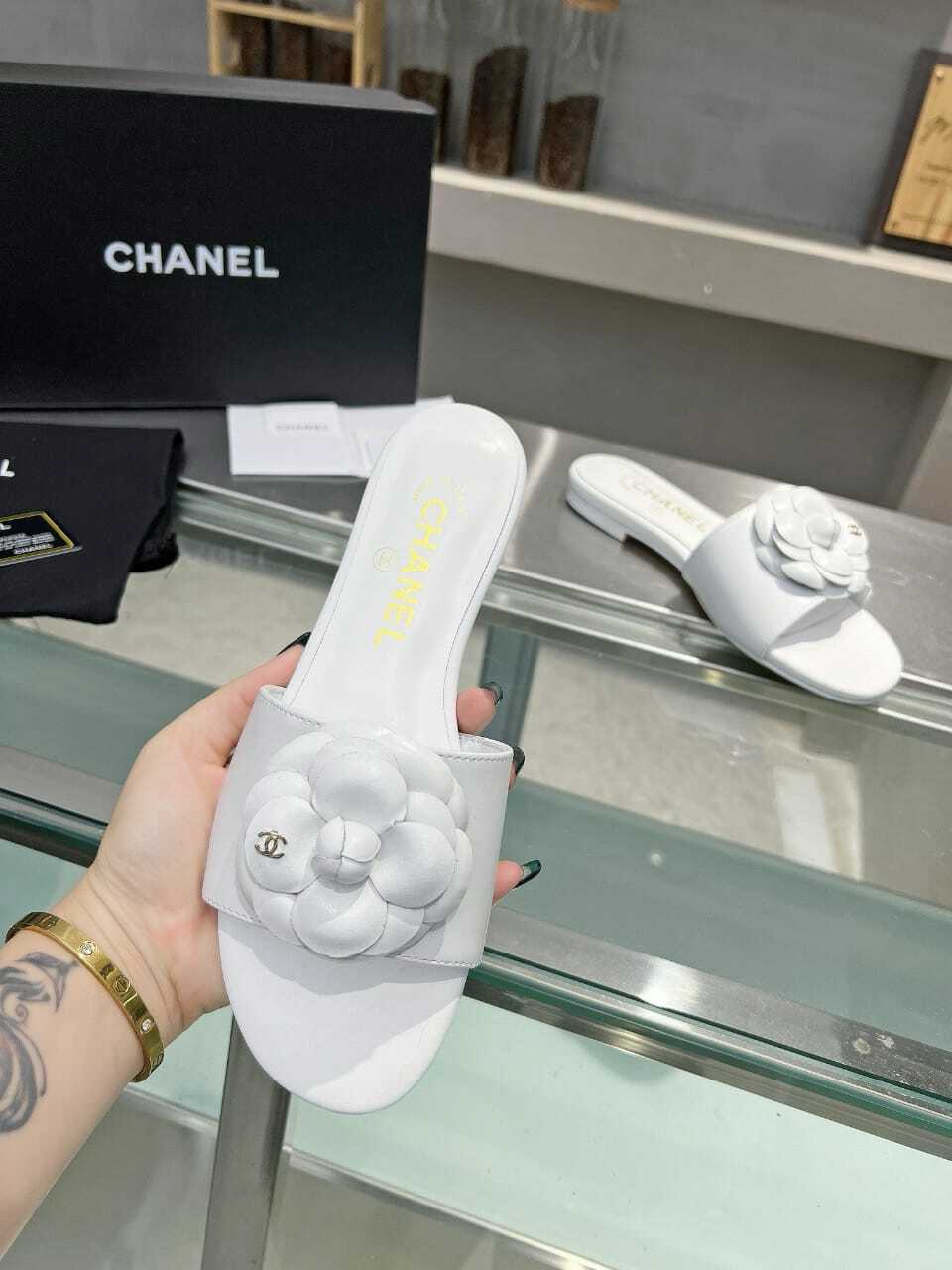 Chanel Camellia Slides White