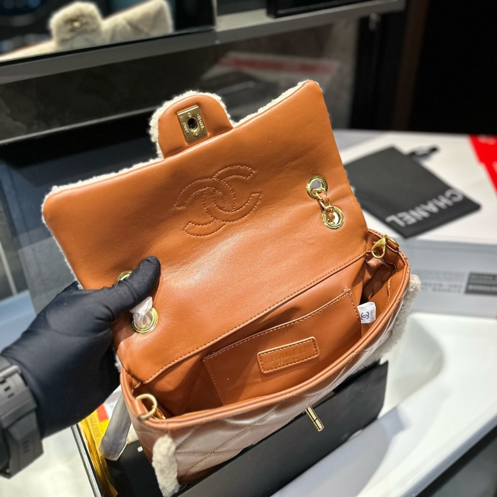 Chanel Flap Bag Shearling Beige And Brown 23Cm
