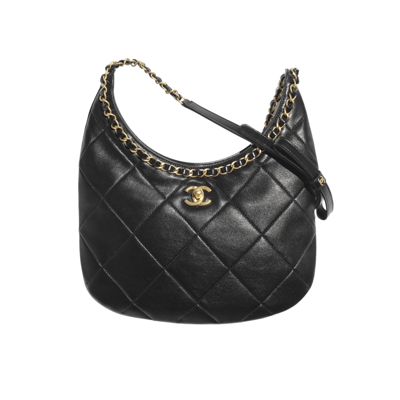 Chanel Hobo Handbag Shiny And Gold Tone Black 27Cm/10.6in