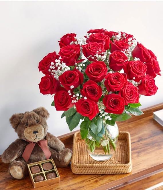 From You Flowers - Two Dozen Red Roses with Bear & Chocolate with Glass Vase | Fresh Flower Bouquets for Birthday, Anniversary, Get Well or Celebration
