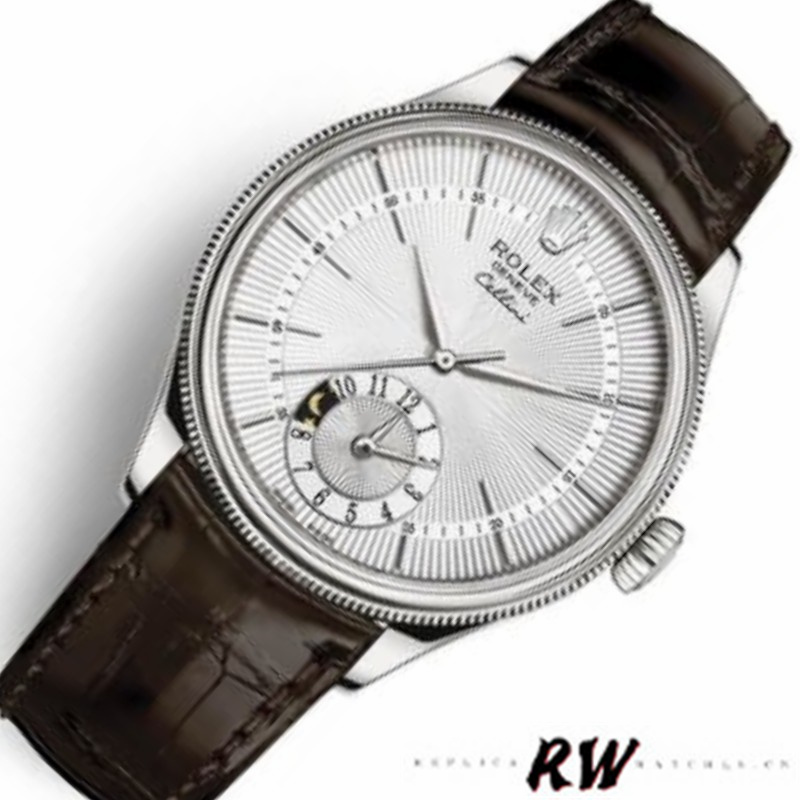 【Super Clone】Rolex Cellini Dual Time 50529 Silver Dial Brown Strap 39mm Mens Replica Watch