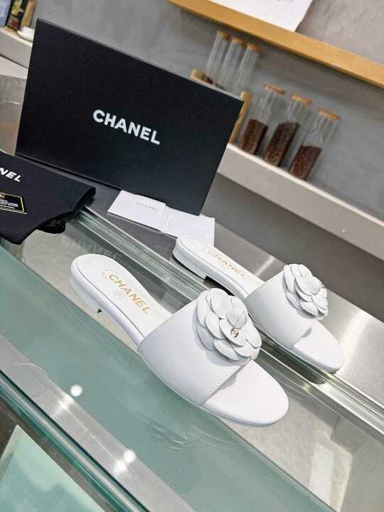 Chanel Camellia Slides White