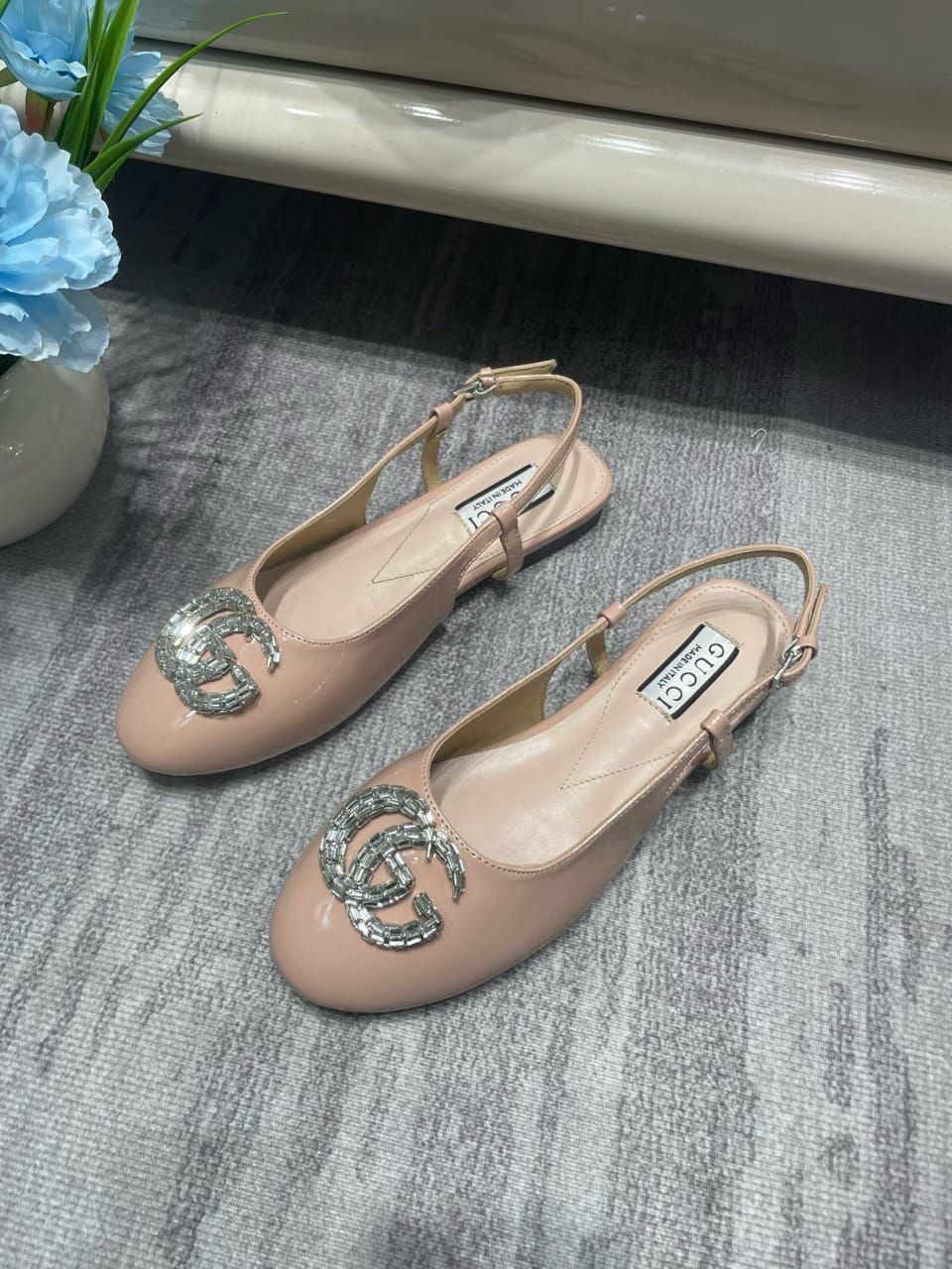 Gucci Logo Embellished Slingback Flats Light Pink