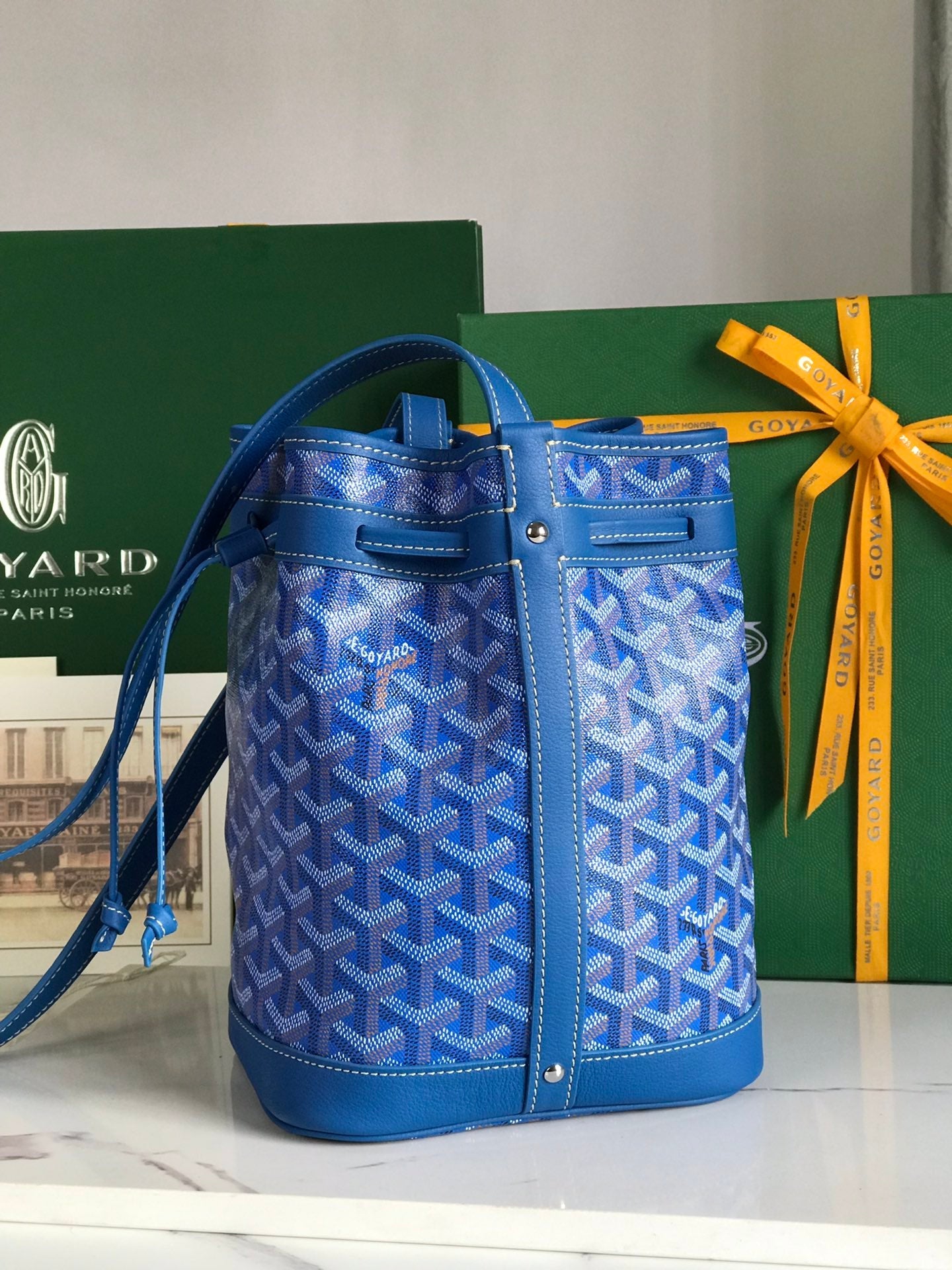 Goyard Petit Flot Bucket Bag 22 Cm Sapphire Blue Goyardine Canvas And Lambskin Trim