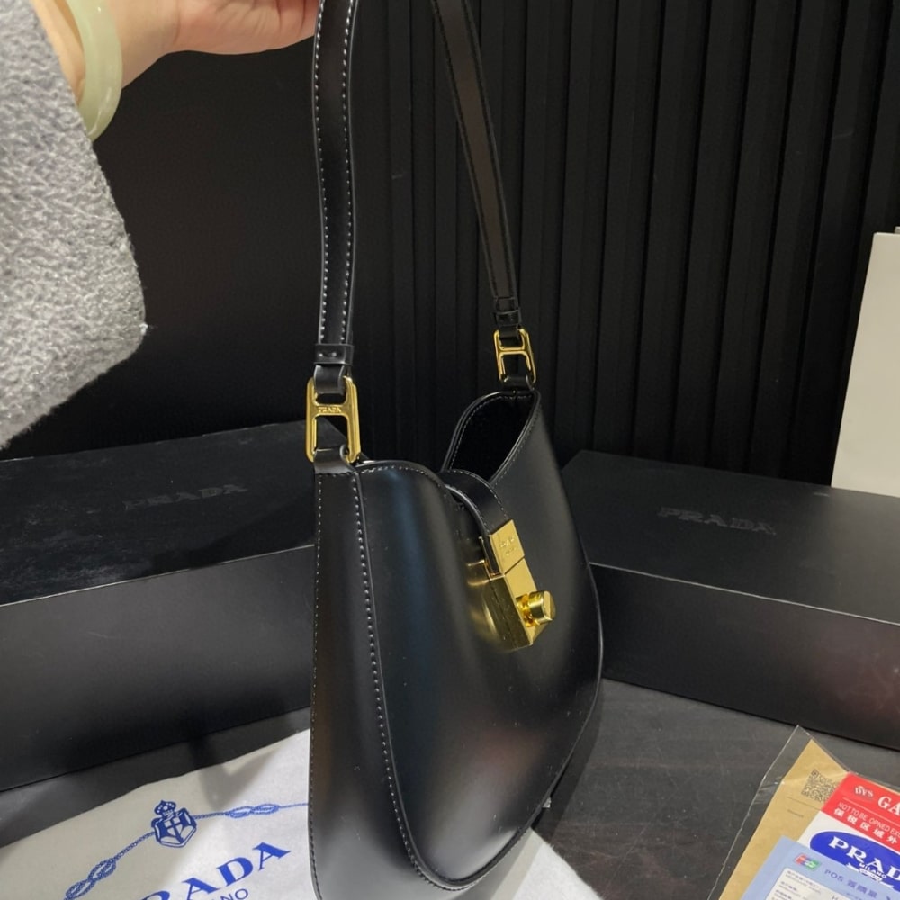 Prada Cleo Brushed Leather Shoulder Bag With Clasp Closure Black 26Cm