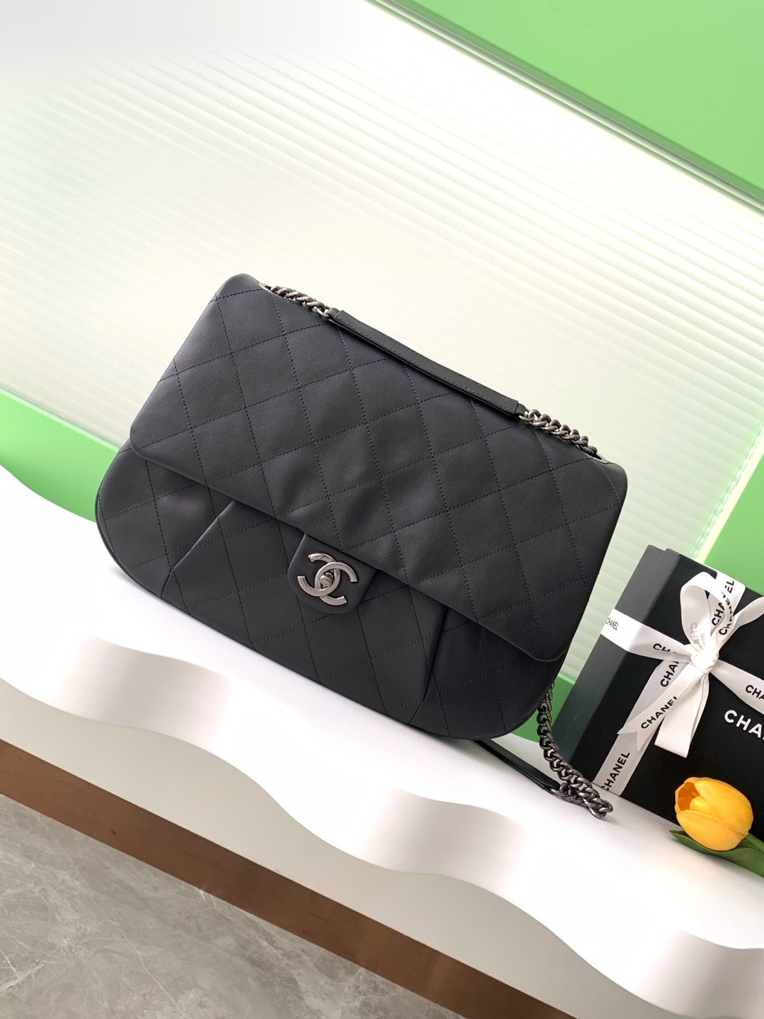 A6391 Maxi Soft Flap Bag in Black Quilted Aged Calfskin with Silver-Tone Hardware