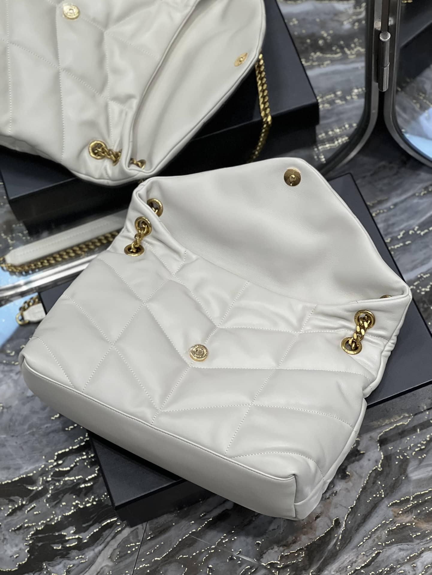 Saint Laurent Puffer Medium Chain Bag In Quilted Blanc Vintage