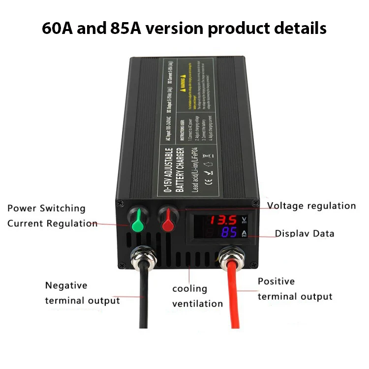 NOEIFEVO Einstellbarer Spannungs und Strombereich 0-15V 1-40A/60A /85A Batterieladegerät , Kompatibel mit 3.7V 6V 12V Lithium, LiFePO4 und Blei-Säure-Batterien