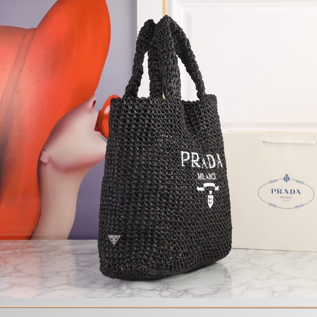 Prada Large Crochet Tote Bag Raffia In Black 40cm 1BG392 2A2T F0002 V OOL