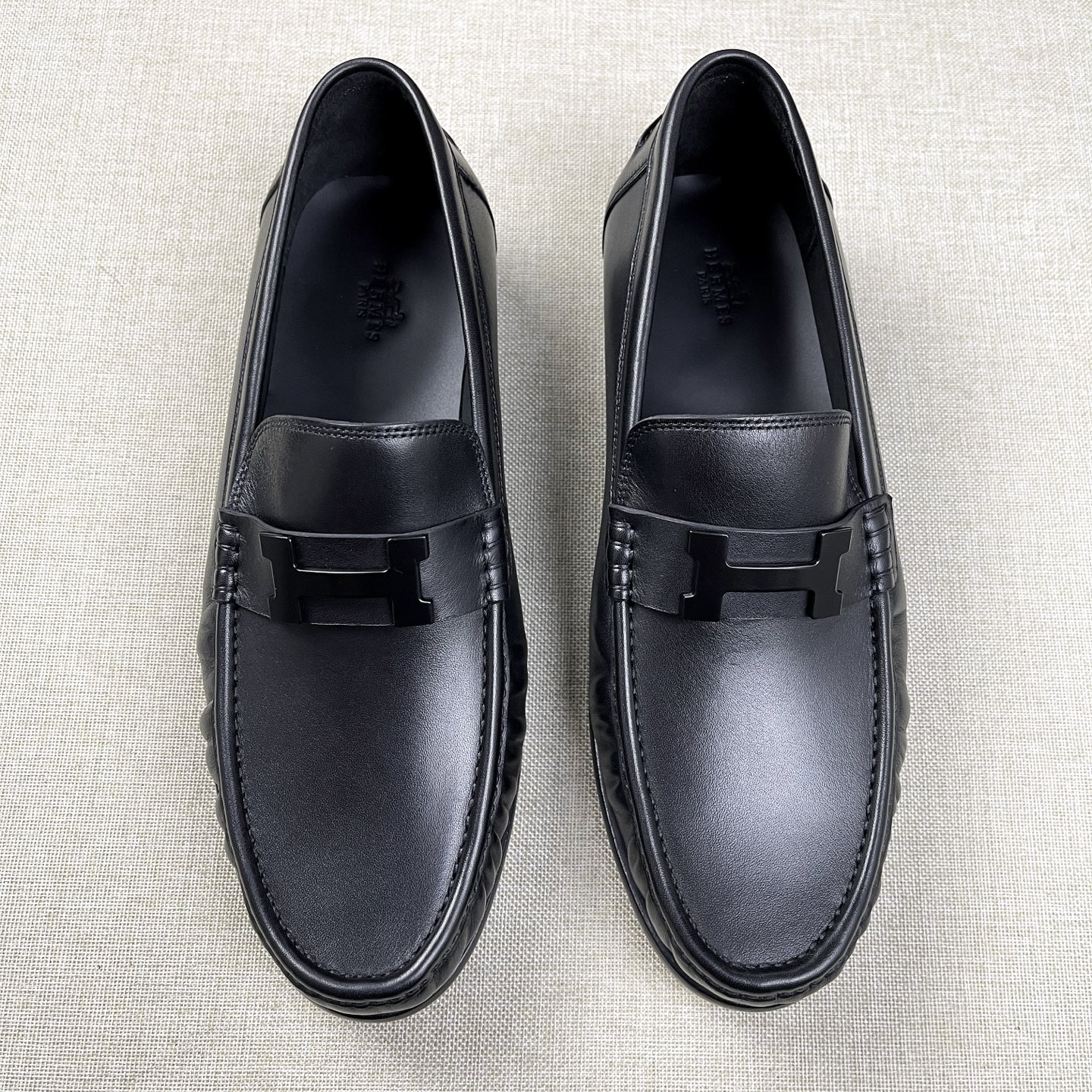 Hermès Black Loafers Tonal H Logo Smooth Leather- Shoes for Men