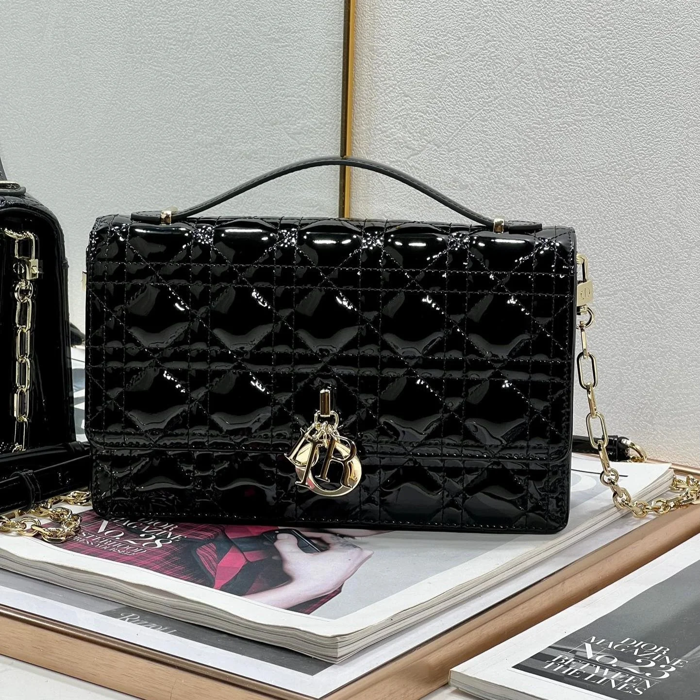 MY CD 24 TOP HANDLE BAG BLACK PATENT LAMBSKIN